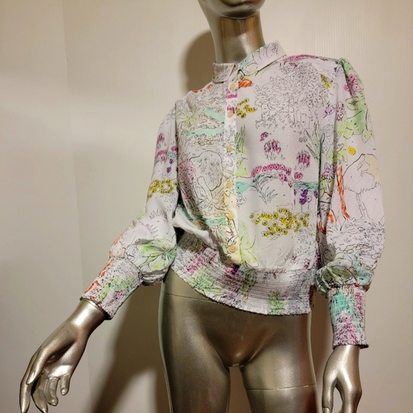 Anthropologie White Multicolor MAEVE Rosa Numbers Floral Animal Top Sz S - Picture 2 of 7